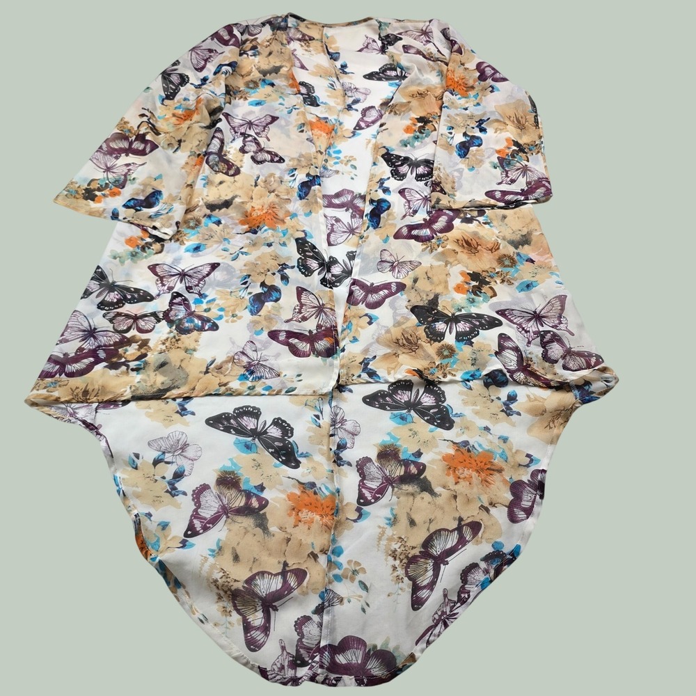 Butterfly Floral Sheer Kimono Duster Swimsuit Cover Up High Low Hem Medium